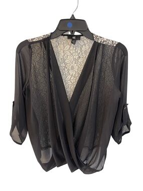 IzByer -  Sheer Black Lace Draped Blouse Sz S